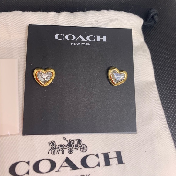 Never used Coach heart 12-K Gold plated brass CZ Crystal stud earrings! - Picture 5 of 5